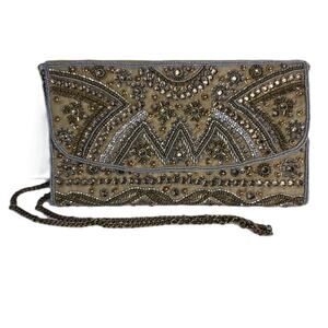 Vintage Lulus Hand Beaded Shoulder Bag Bronze Silver Gold Chain Evening Purse